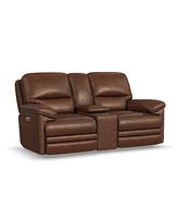 Flexsteel David 78" Pecan Leather Power Reclining Loveseat with Console