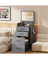 Vlsrka 3-in-1 Vanity Desk with Flip-Top Mirror, Glass Top, 3 Drawers, and Stool