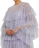 Mac Duggal Women's High Neck Tiered Ruffle Pearl Beaded Cape Dress