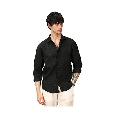 Campus Sutra Men's Onyx Black Foliage-Tactile Shirt