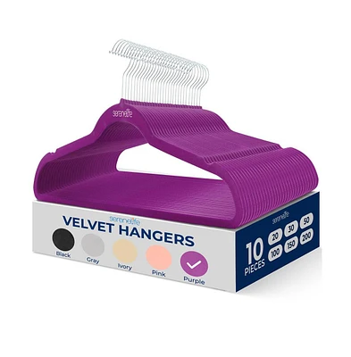 SereneLife 10 Pcs. Velvet Hangers - Non-Slip, Sturdy, and Heavy Duty Coat Set with 360° Swivel Hook for Clothes (Purple)