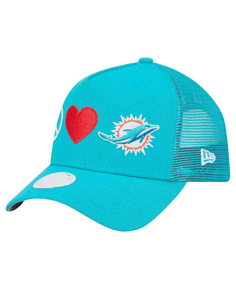 New Era Women's Aqua Miami Dolphins Peace Love Trucker 9FORTY Adjustable Hat