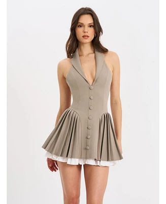 Miss Circle Women's Hazel Brown Preppy Halter Neck Pleated Mini Dress
