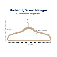 SereneLife 10 Pcs. Velvet Hangers - Non-Slip, Sturdy, and Heavy Duty Coat Set with 360° Swivel Hook for Clothes (Ivory)