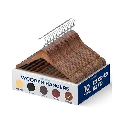 10 Pcs. Wooden Hangers - Non-Slip, Sturdy, and Heavy Duty Suit Hanger Set with Chrome 360° Swivel Hook (Vintage)