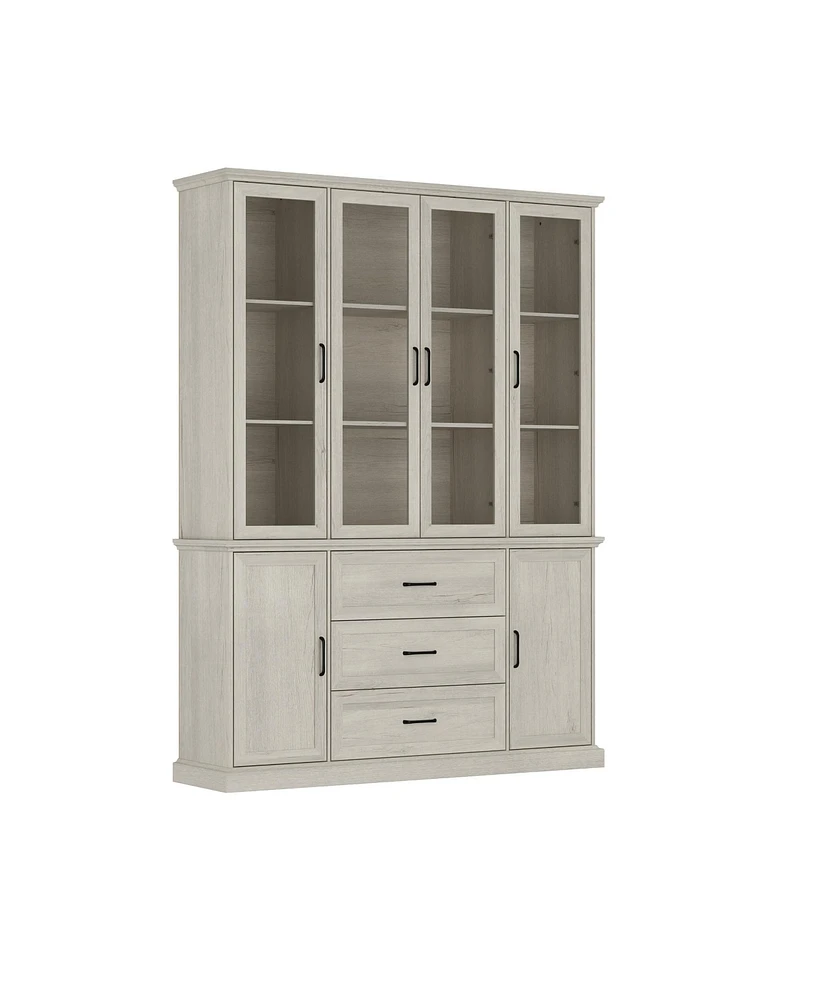 Homsee Modern gray white wood grain glass 6-door 3-drawer cabinet, storage cabinet, pantry
