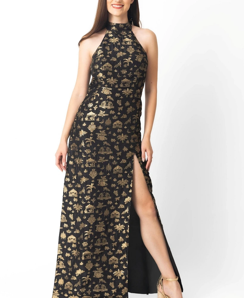 Raas Women's Black and Gold Long Dress with Slit