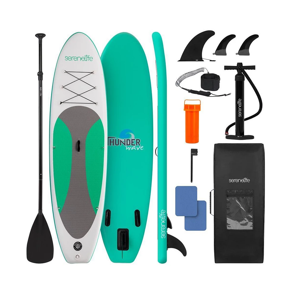 Free-Flow Welded Inflatable Stand-Up Paddle-Board with Double-Action Hand Pump, 3-Shaft Aluminum Paddle, Leash, Fin (Black)