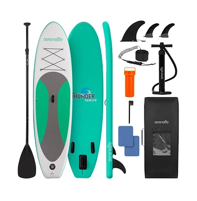 Free-Flow Welded Inflatable Stand-Up Paddle-Board with Double-Action Hand Pump, 3-Shaft Aluminum Paddle, Leash, Fin (Black)