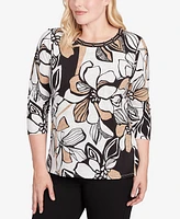 Alfred Dunner Women's Floral Leaf Embellished Top