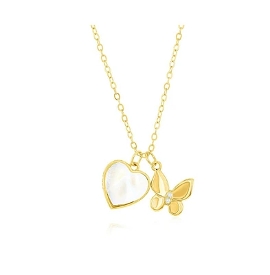 Caribbean Treasures Sterling Silver Mop Heart w/ Cz Butterfly Necklace