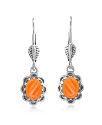 American West Jewelry Sterling Silver Orange Spiny Oyster Concha Lever Back Dangle Earrings