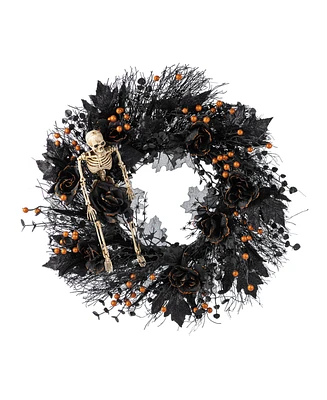 Glitzhome 7" Halloween Black Rose, Skeleton and Berry Wreath Hanger