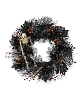 Glitzhome 7" Halloween Black Rose, Skeleton and Berry Wreath Hanger