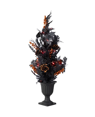 Glitzhome 36" Halloween Lighted Black Rose with Orange Glitter Urn Porch Tree with Timer