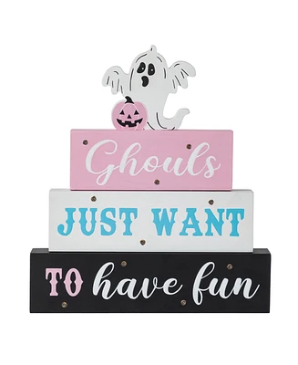 Glitzhome 11.75" Halloween Lighted Pink Wooden Ghost Block Word Sign