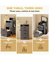 Vlsrka 3-in-1 Vanity Desk with Flip-Top Mirror, Glass Top, 3 Drawers, and Stool