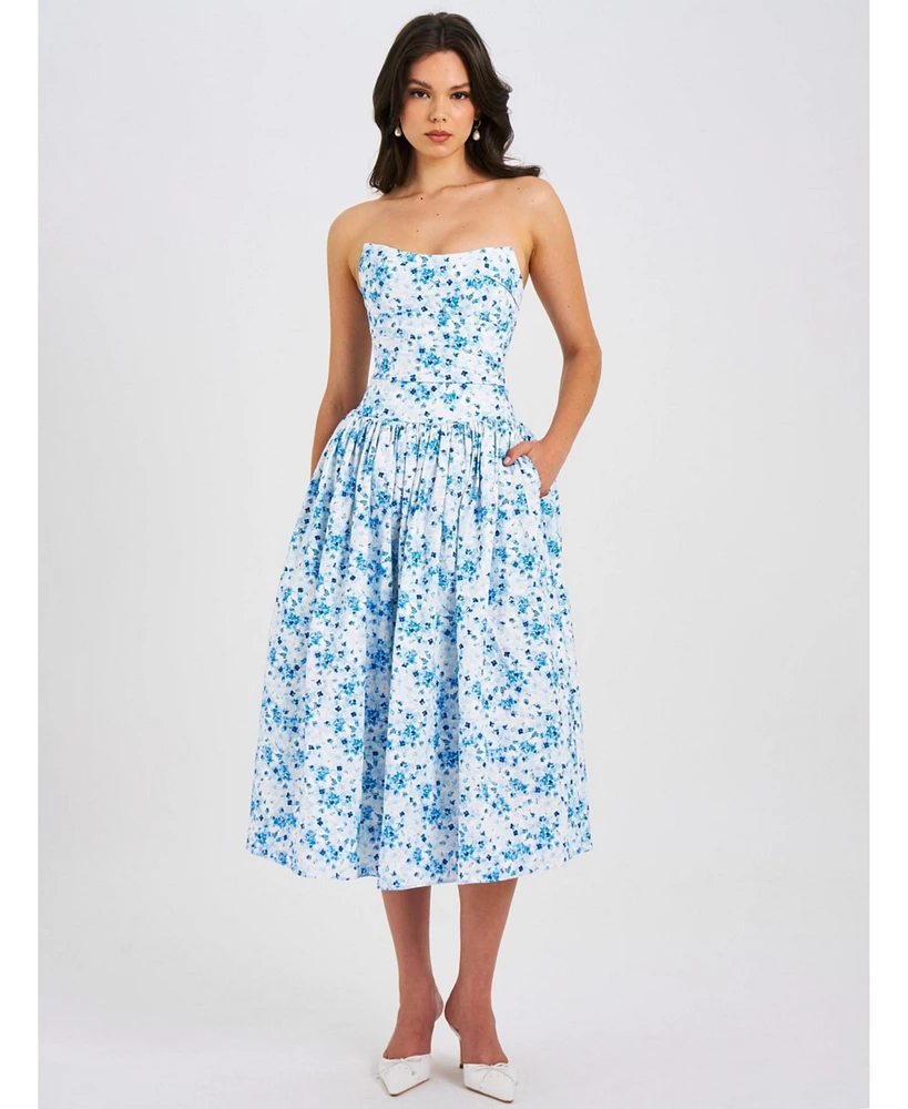 Miss Circle Women's Paloma Blue Print Linen Corset Draping Top Midi Dress