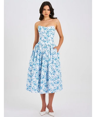 Miss Circle Women's Paloma Blue Print Linen Corset Draping Top Midi Dress