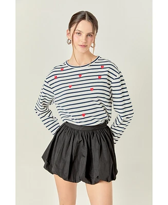 English Factory Women's Heart Embroidered Stripe T Shirt