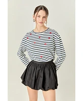 English Factory Women's Heart Embroidered Stripe T Shirt