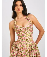 Miss Circle Women Niya Floral Print Linen Halter Corset Maxi Dress
