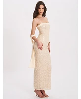 Miss Circle Women's Raizel Gold Beaded Sequin Bodycon Gown with Scarf