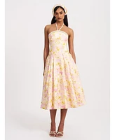 Miss Circle Women's Zaina Yellow Pink Floral Print Lace Trim Linen Midi Dress