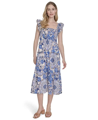 Vince Camuto Women's Printed Square-Neck Ruffle-Strap Dress
