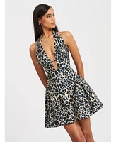 Miss Circle Women's Mackenzie Cheetah Print Halter Linen Mini Dress