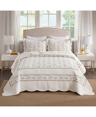 MarCielo 3Pcs 100% Cotton Embroidery Delicate Floral Quilt Bedspread Set King