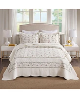 MarCielo 3Pcs 100% Cotton Embroidery Delicate Floral Quilt Bedspread Set King