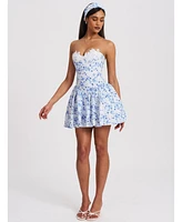 Miss Circle Women's Taleah Blue Floral Print Linen Mini Dress with Lace Trim