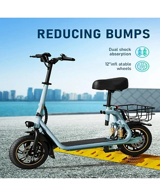 550W Electric Scooter with Seat for Adult, 12 inch Commuter Electric Scooter with Dual Shock Absorbers and Basket