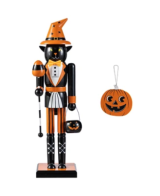Glitzhome Halloween Wooden Black Cat Nutcracker with Pumpkin Ornament, Set of 2