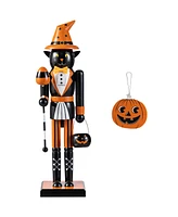 Glitzhome Halloween Wooden Black Cat Nutcracker with Pumpkin Ornament, Set of 2