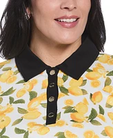 Rafaella Plus Lemon Print Buttoned Elbow Length Sleeve Polo T-Shirt