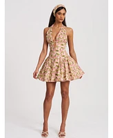 Miss Circle Women's Mackenzie Green and Pink Floral Print Halter Linen Mini Dress