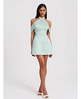 Miss Circle Women's Zafrina Light Cyan Halter Off-shoulder Backless Mini Dress