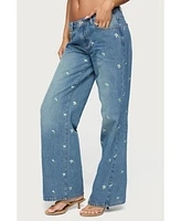Edikted Women's Edna Floral Embroidered Low Rise Jeans