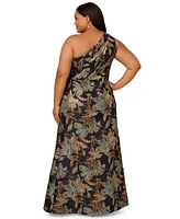Adrianna Papell Plus Metallic Jacquard One-Shoulder Long Dress