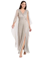 R & M Richards Women's Rhinestone-Brooch Metallic Gown