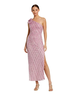 Mac Duggal Women's One Shoulder Beaded Mesh Gown With Flower