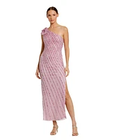 Mac Duggal Women's One Shoulder Beaded Mesh Gown With Flower