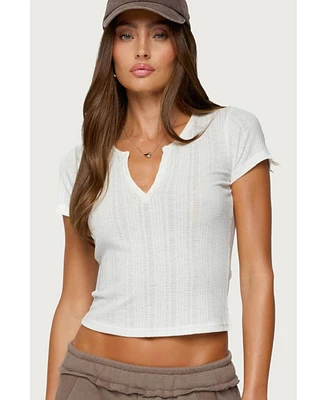 Edikted Women's Semi Sheer Ribbed V Neck T Shirt