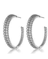 Genevive Sterling Silver White Gold Plating with Clear Cubic Zirconia Open Hoop Earrings