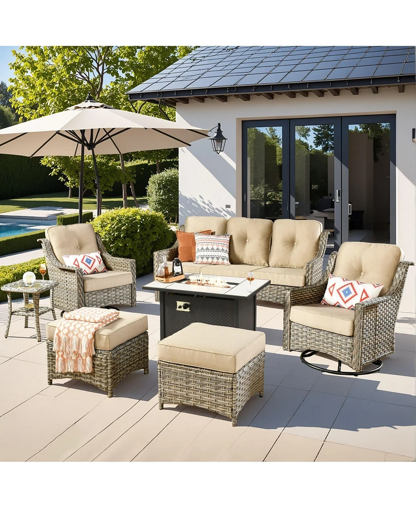 Xizzi 7 Piece Outdoor Patio Furniture with 42 inch Fire Pit,Swivel Rocking Chairs Coversation Set Comfy Sectional Sofa,Wicker Ottoman