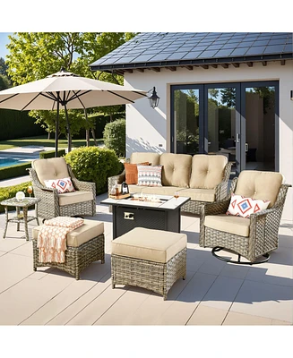 Xizzi 7 Piece Outdoor Patio Furniture with 42 inch Fire Pit,Swivel Rocking Chairs Coversation Set Comfy Sectional Sofa,Wicker Ottoman
