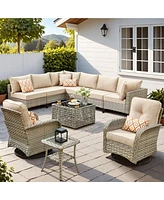 Xizzi 10 Piece Outdoor Patio Furniture with Swivel Chairs,All Weather Wicker Sectional Coversation Set Solar Coffee Table, Single Modular Chairs