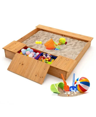 Kids Wooden Sandbox with Bench Seats and Storage Boxes